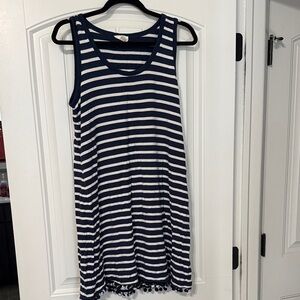 LOFT Navy and White Striped Tank Dress with Pom Trim